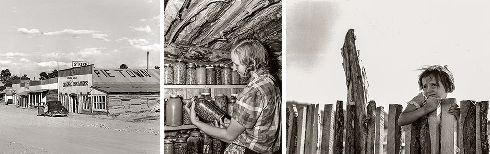 Three images: Pie Town store exterior, woman with preserves, and child by fence