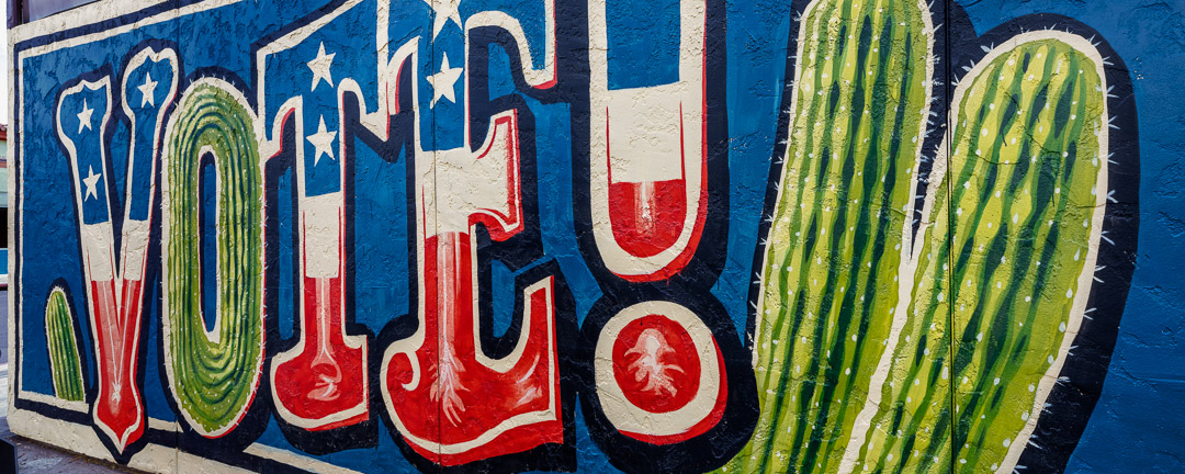 Urbanwalls 8. 250504 AZ _20_28 Panoramic image of mural with VOTE! and cactus. Tuscon.